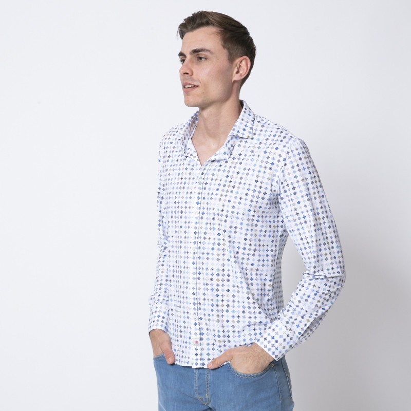 DUNCAN - Chemise blanche à motifs géométriques bleus et marron 2