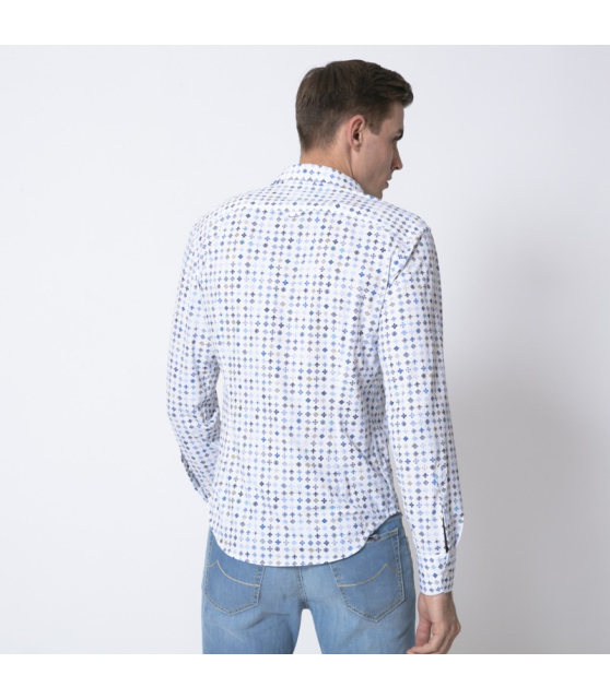 DUNCAN - Chemise blanche à motifs géométriques bleus et marron