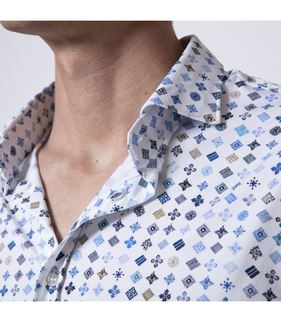DUNCAN - Chemise blanche à motifs géométriques bleus et marron