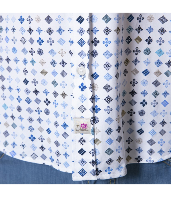 DUNCAN - Chemise blanche à motifs géométriques bleus et marron