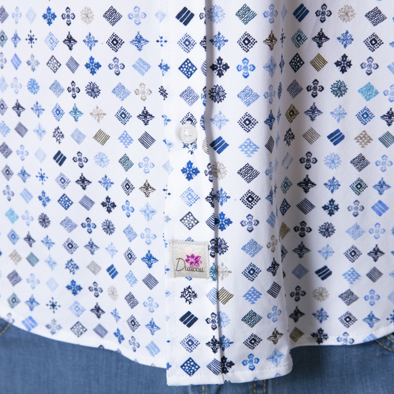 DUNCAN - Chemise blanche à motifs géométriques bleus et marron