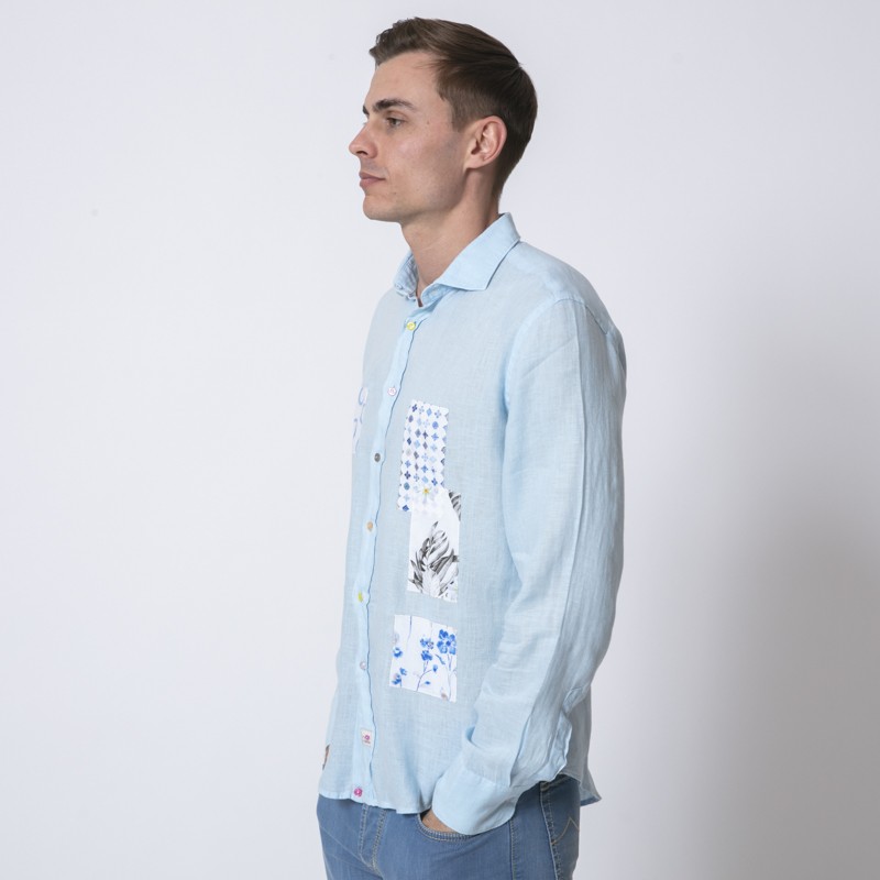 DUNCAN - Chemise bleue en lin patchwork 2