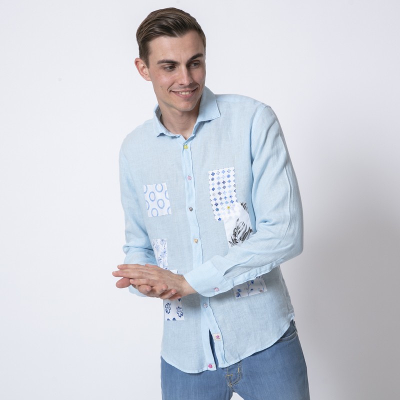 DUNCAN - Chemise bleue en lin patchwork