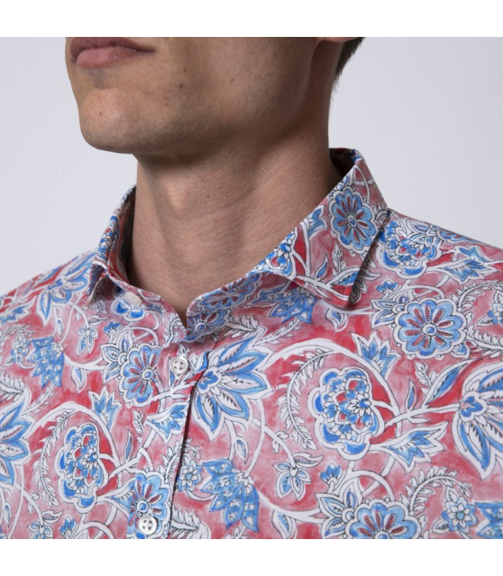DUNCAN - Chemise rose à motifs fleuris bleus
