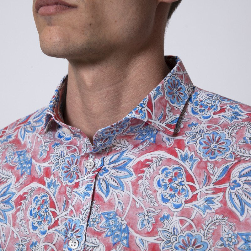 DUNCAN - Chemise rose à motifs fleuris bleus