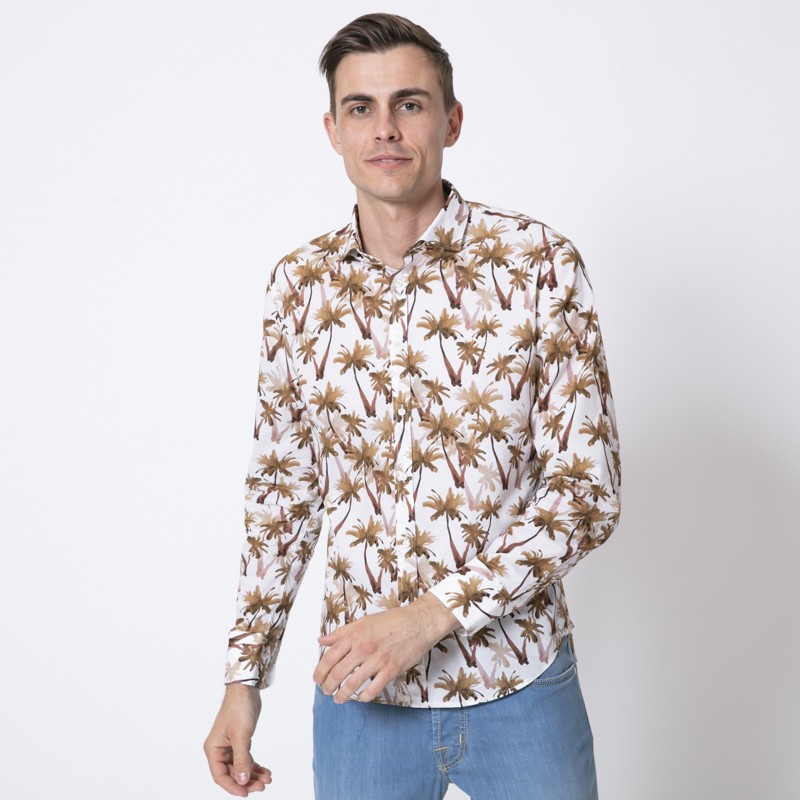 DUNCAN - Chemise blanche à motifs palmiers marron