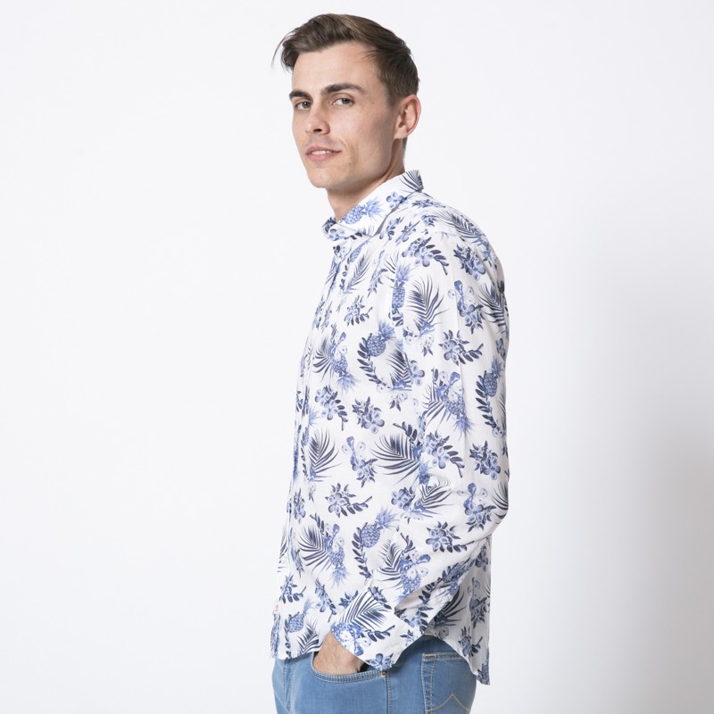 DUNCAN - Chemise blanche à motifs exotiques bleus 2