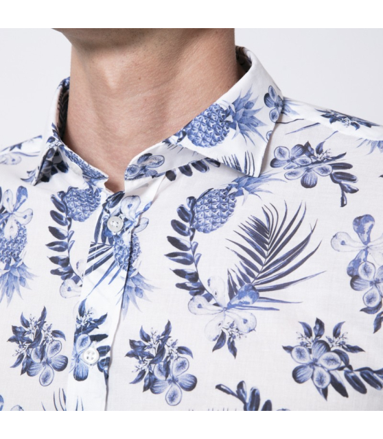 DUNCAN - Chemise blanche à motifs exotiques bleus