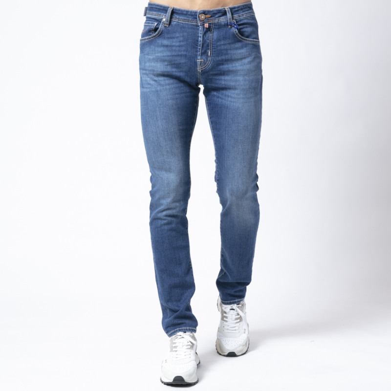 JACOB COHËN - Jeans bleu délavé stretch plaque marron