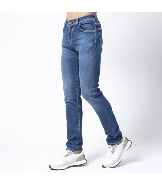 JACOB COHËN - Jeans bleu délavé stretch plaque marron