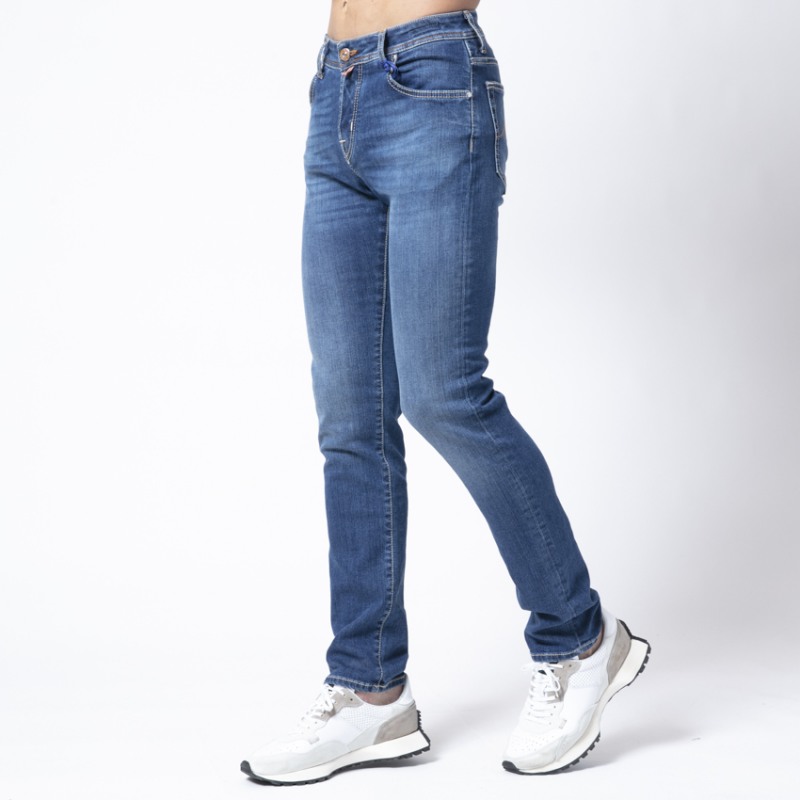 JACOB COHËN - Jeans bleu délavé stretch plaque marron