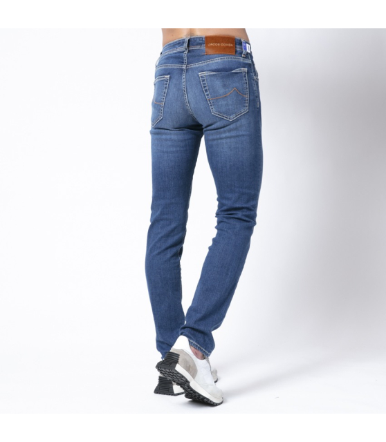 JACOB COHËN - Jeans bleu délavé stretch plaque marron