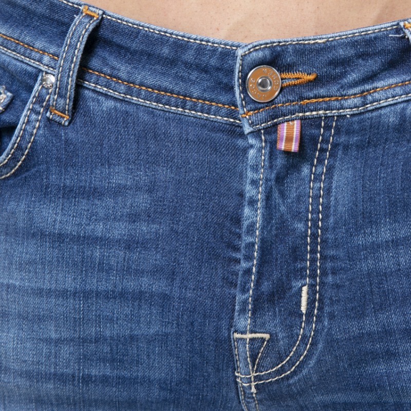 JACOB COHËN - Jeans bleu délavé stretch plaque marron