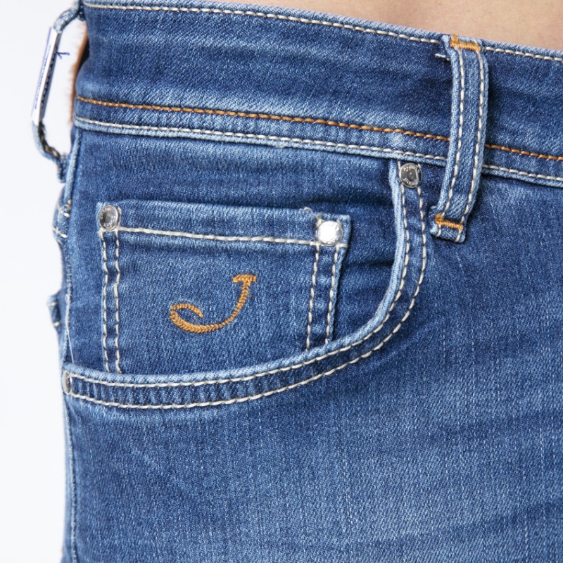 JACOB COHËN - Jeans bleu délavé stretch plaque marron