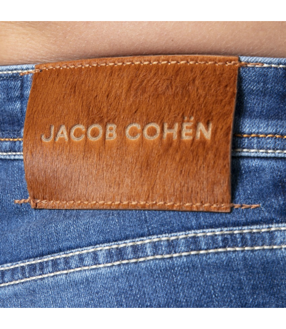 JACOB COHËN - Jeans bleu délavé stretch plaque marron