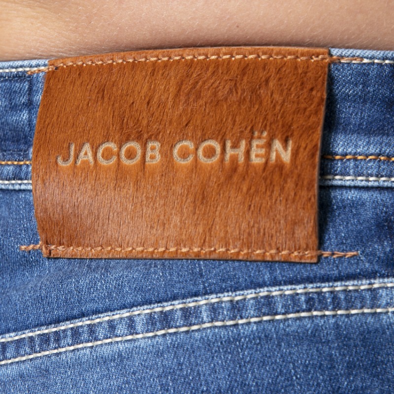JACOB COHËN - Jeans bleu délavé stretch plaque marron