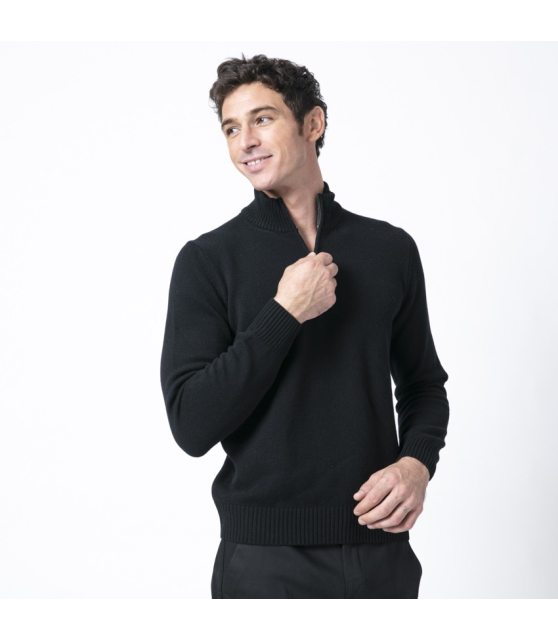 GRAN SASSO - Pull noir col montant zippé en laine vierge et cachemire