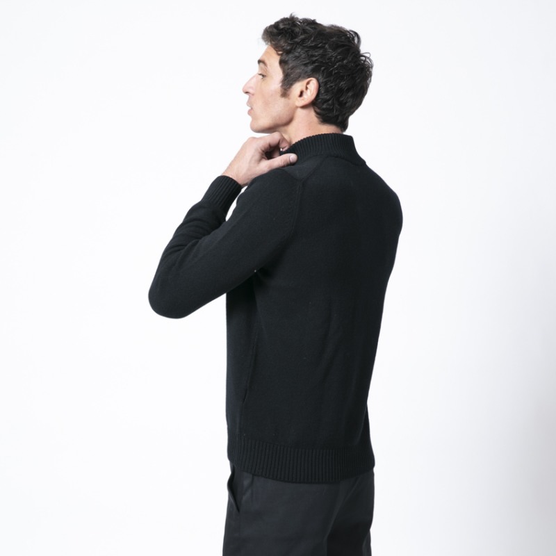 GRAN SASSO - Pull noir col montant zippé en laine vierge et cachemire