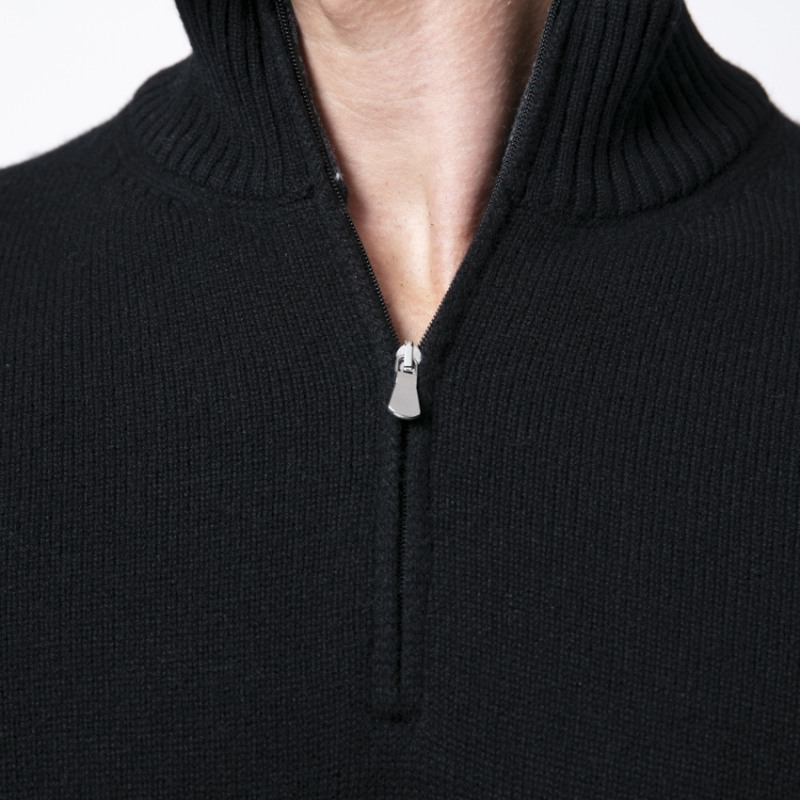 GRAN SASSO - Pull noir col montant zippé en laine vierge et cachemire