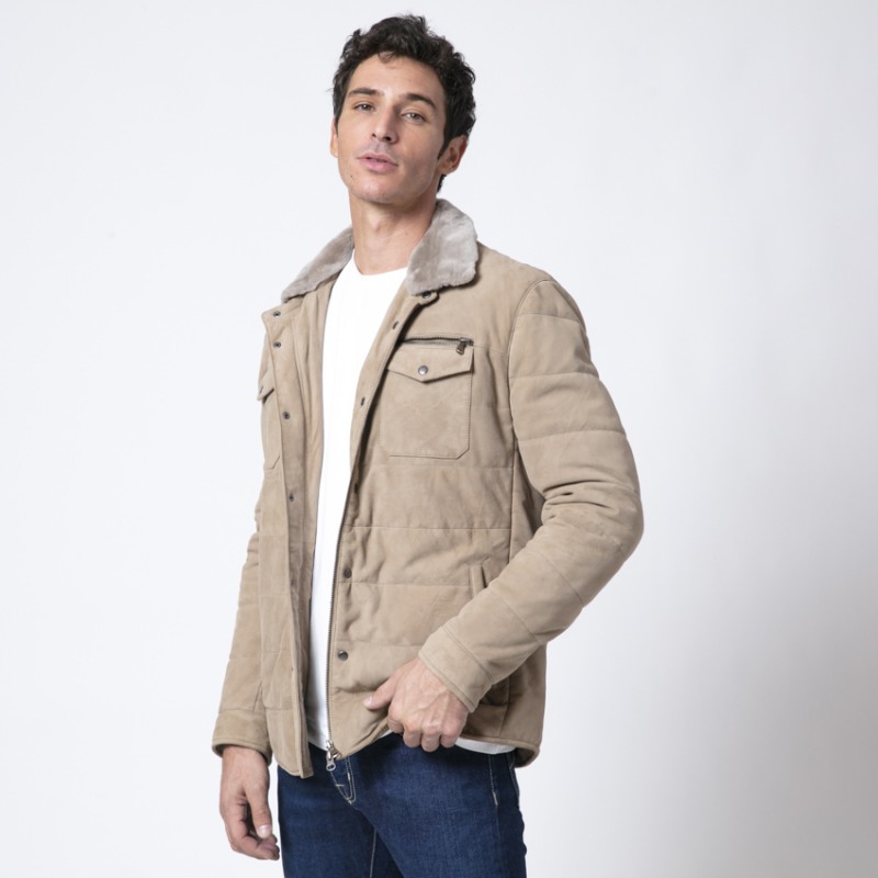 DUNCAN - Blouson beige en cuir suédé