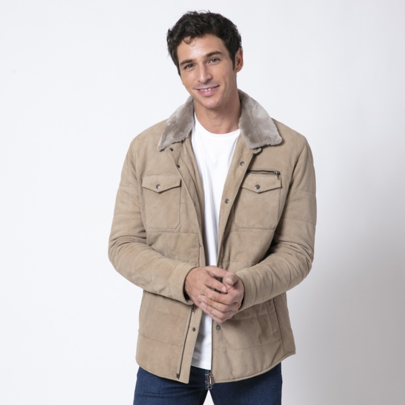 DUNCAN - Blouson beige en cuir suédé 2