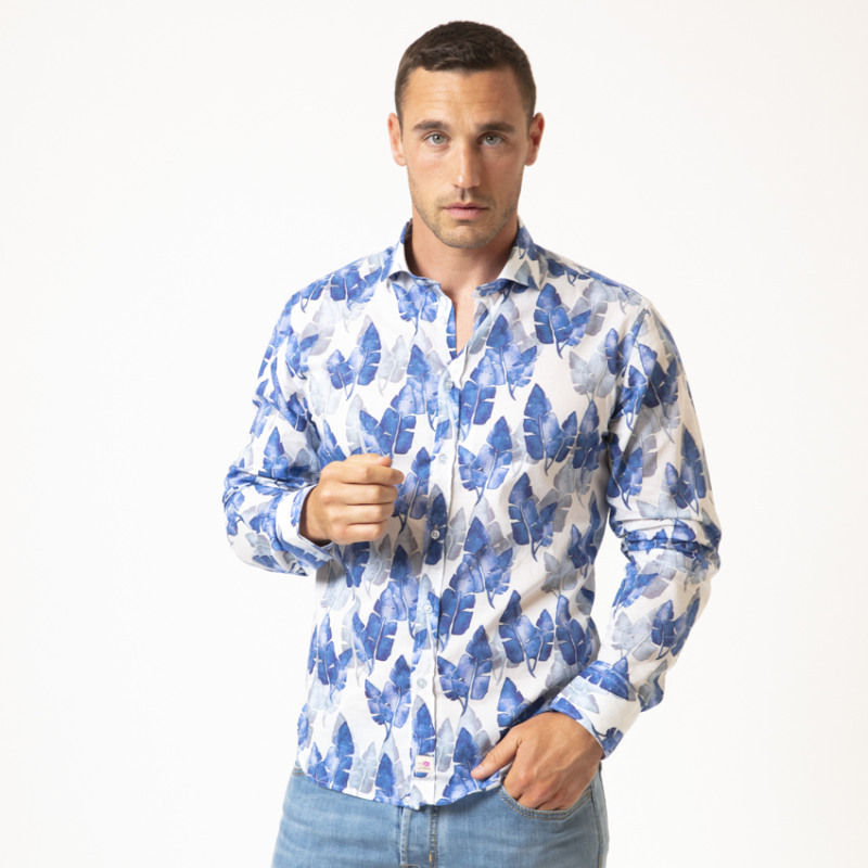 DUNCAN - Chemise blanche à motifs feuilles bleues
