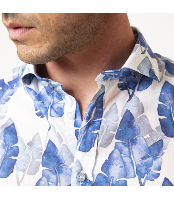 DUNCAN - Chemise blanche à motifs feuilles bleues