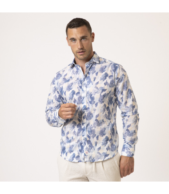 DUNCAN - Chemise bleu et beige à motifs feuilles