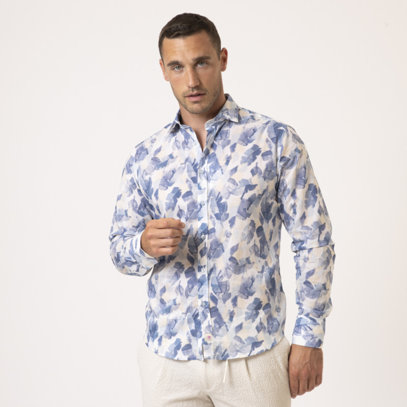 DUNCAN - Chemise bleu et beige à motifs feuilles