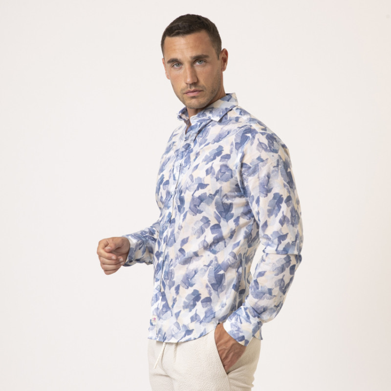 DUNCAN - Chemise bleu et beige à motifs feuilles 2