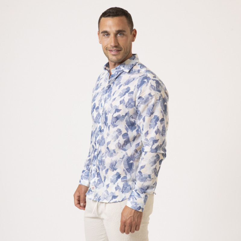 DUNCAN - Chemise bleu et beige à motifs feuilles