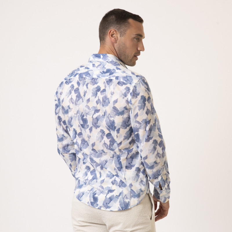 DUNCAN - Chemise bleu et beige à motifs feuilles