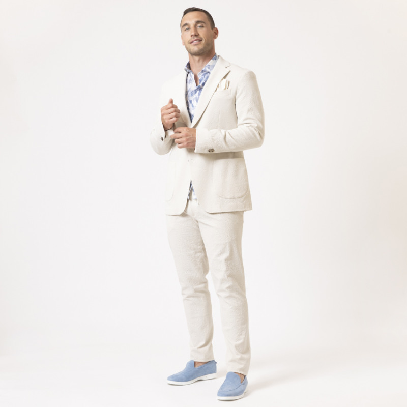 DUNCAN - Chemise bleu et beige à motifs feuilles