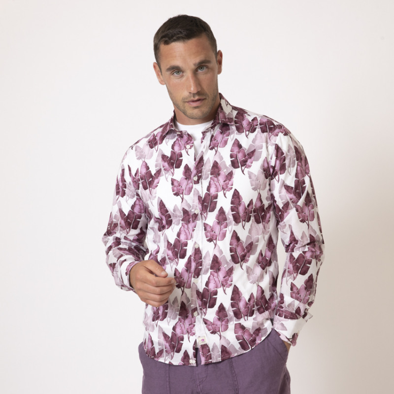 DUNCAN - Chemise blanche à motifs feuilles mauves