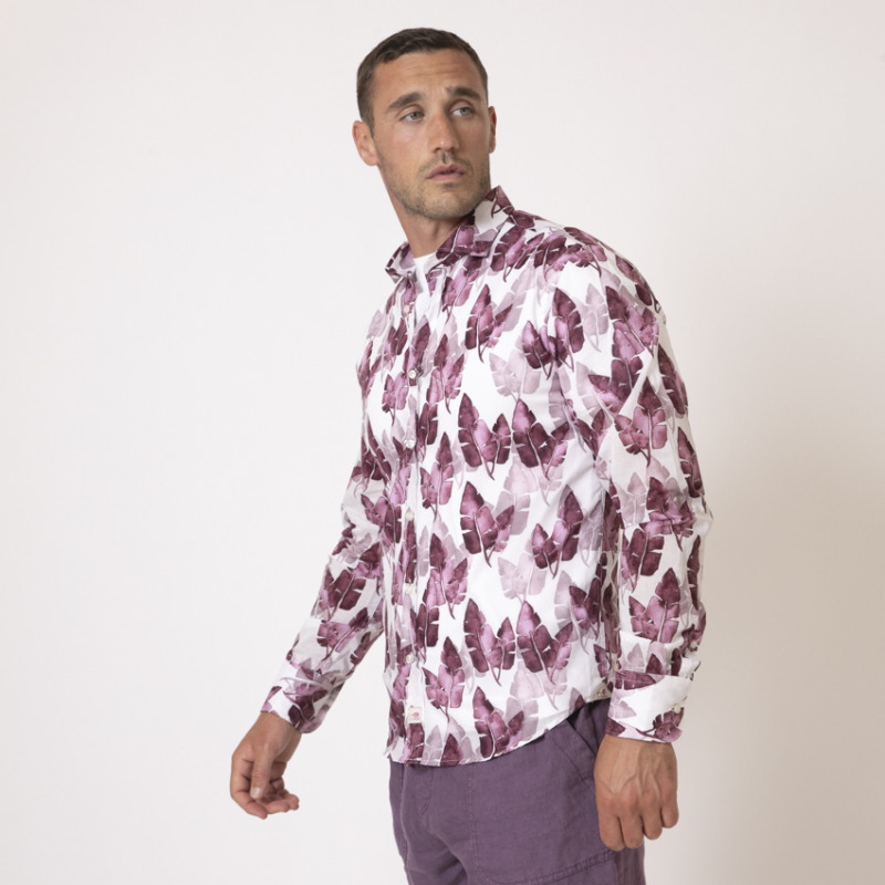 DUNCAN - Chemise blanche à motifs feuilles mauves 2