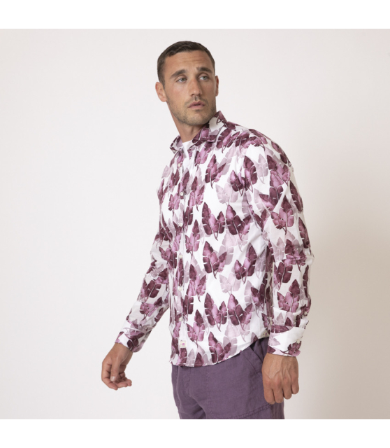 DUNCAN - Chemise blanche à motifs feuilles mauves