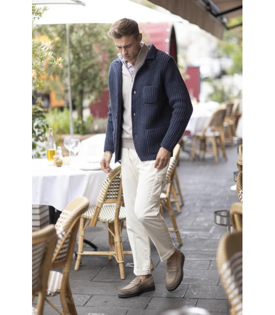 TRAIANO - Chemise stretch à motifs bleu marine et marron