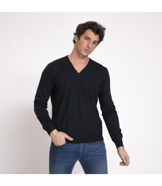 DUNCAN x GRAN SASSO - Pull bleu marine à col V